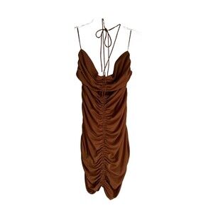 Zara Brown Womens XXL Mini Dress Ruched Draped Textured Strappy Halterneck